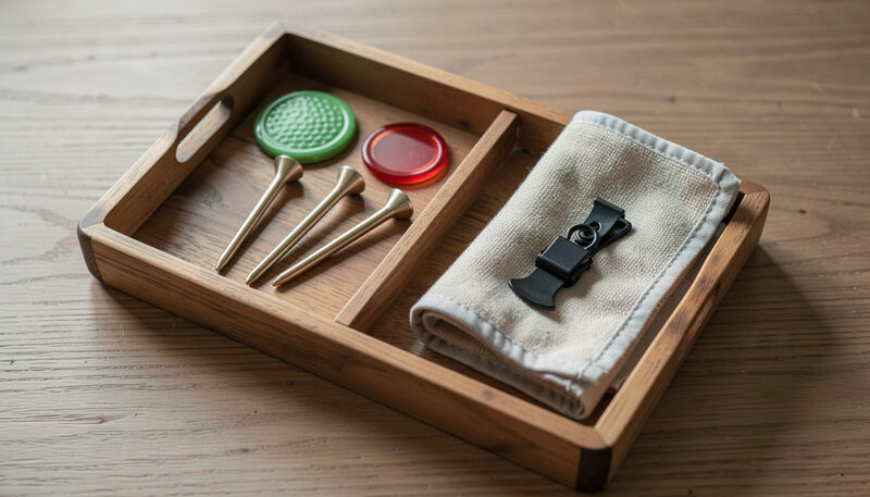 A shallow wooden tray holding golf tees, two ball markers and a folded caddie towel with a clip, seen from above
