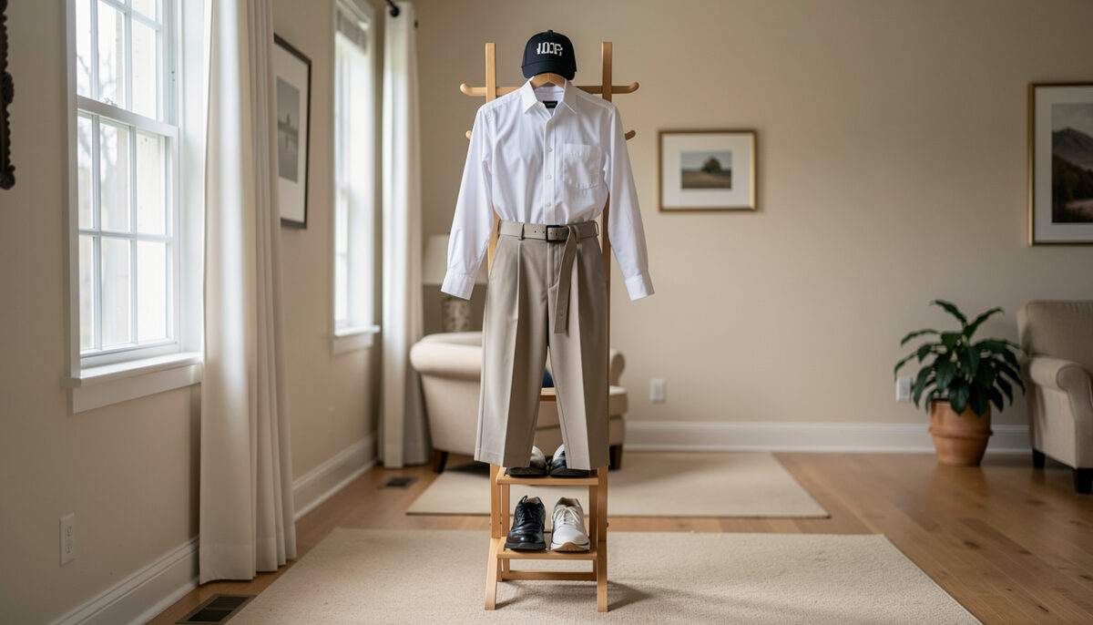 A full golf outfit on a wooden valet stand, cap on top, collared shirt, belted trousers and shoes ranged down the stand