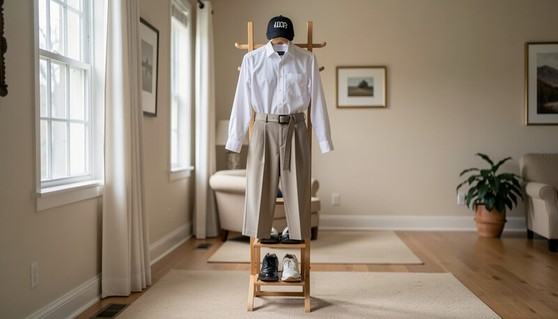 A full golf outfit on a wooden valet stand, cap on top, collared shirt, belted trousers and shoes ranged down the stand