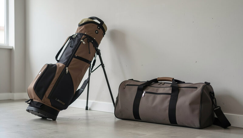 A stand bag propped on its legs beside a staff bag on the concrete floor of an equipment room, both facing the same wall