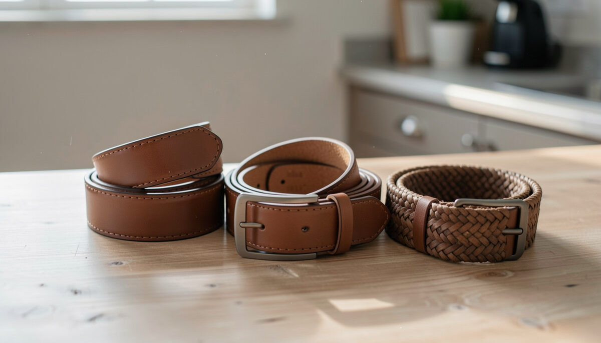 Three golf belts coiled on a wooden counter, two stitched leather straps and one woven web belt with a matte buckle