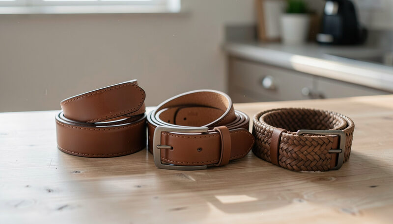 Three golf belts coiled on a wooden counter, two stitched leather straps and one woven web belt with a matte buckle