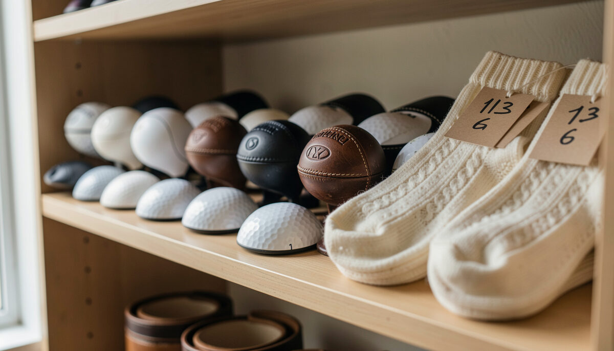 A row of knitted golf head covers in cream, green and rust hanging over the top rail of a stand bag, pompoms visible