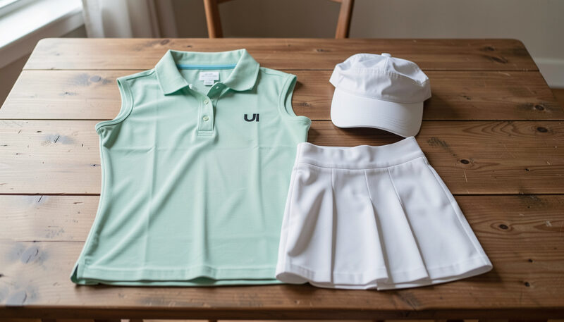 A ladies golf outfit laid flat on a wooden table, sleeveless polo, skort and brimmed visor arranged in a neat row