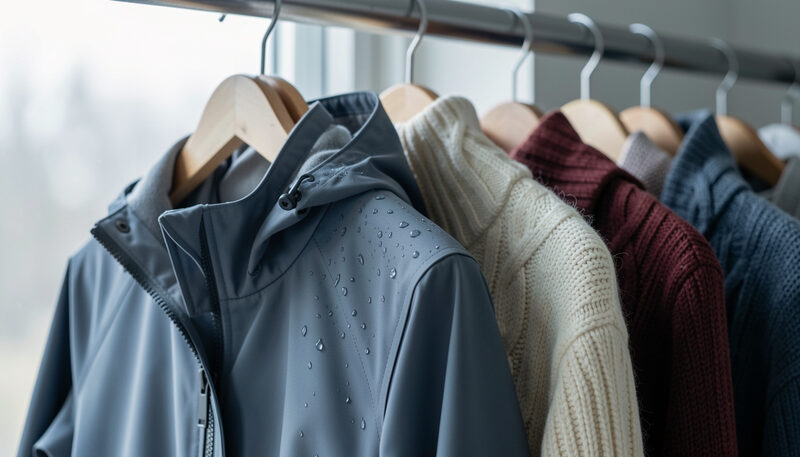 A rain jacket on a wooden hanger against a rail of knit sweaters, water beading on the sleeve in cold window light