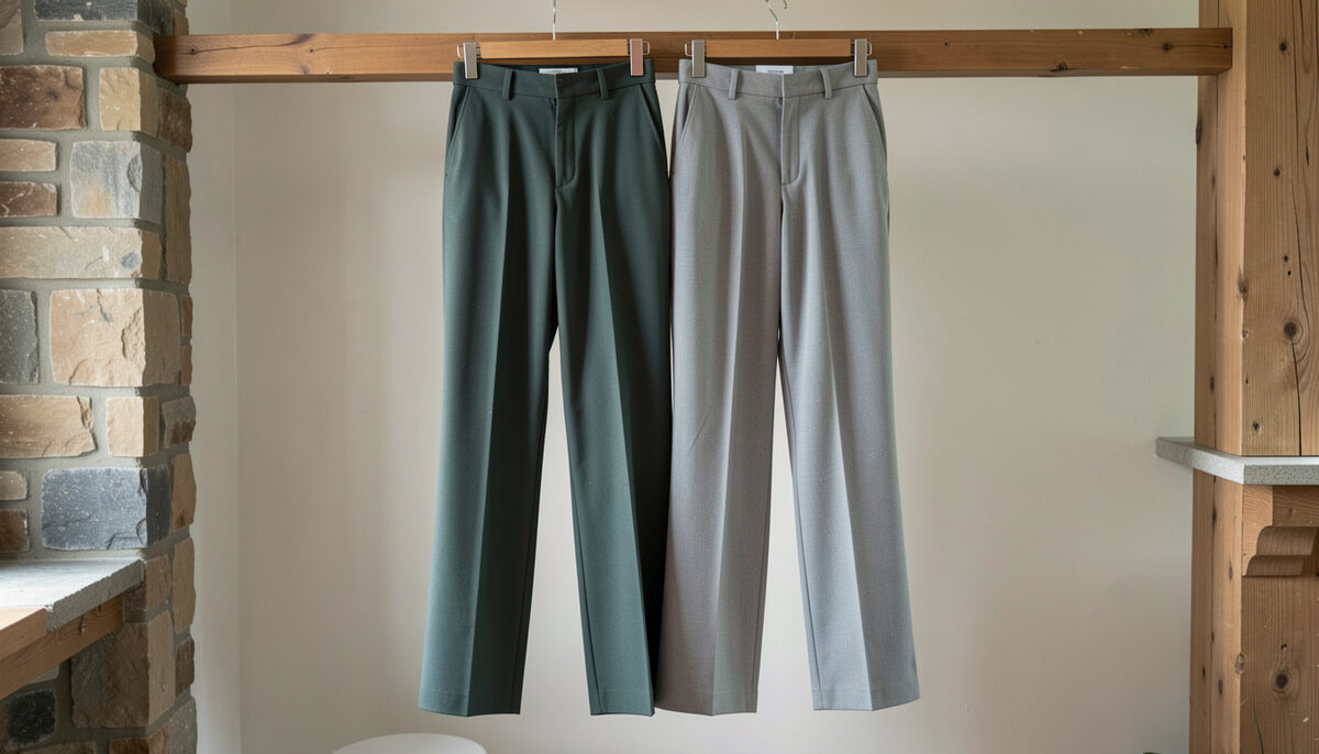 Golf trousers hanging full length on a wooden rail, stone and grey pairs side by side, creases sharp from the fold