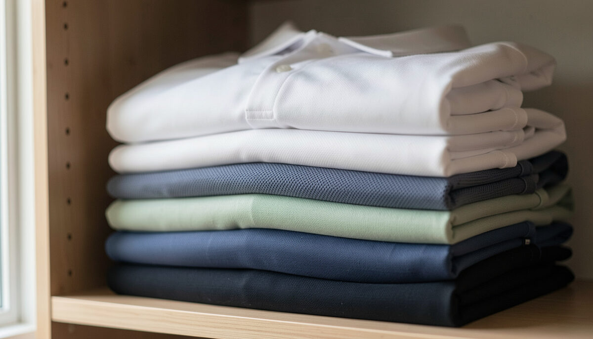 A stack of folded golf polo shirts on a shelf, pique and smooth knit alternating in white, sage and navy folds