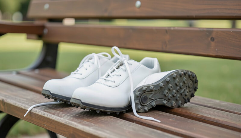 A pair of white golf shoes on a wooden bench, one shoe tipped to show its spiked outsole, laces loosened and tongue forward