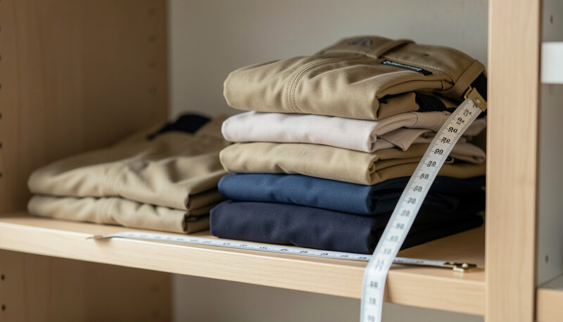 Folded golf shorts stacked on a shelf beside a measuring tape, khaki and navy pairs with pocket bags turned outward