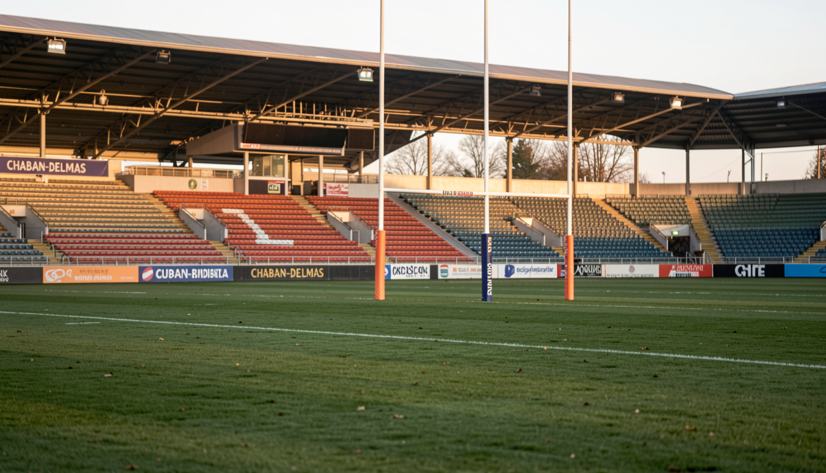 A rugby pitch at the Chaban-Delmas stadium in Bordeaux, late afternoon light, goalposts standing on the grass, empty stands in the background, wide shot.