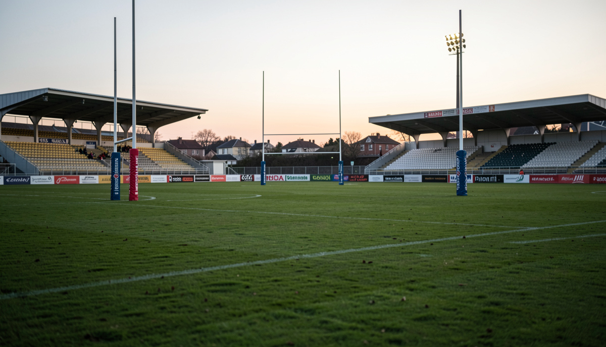 A rugby pitch at dusk in Bordeaux with goalposts on the grass, four stands visible in the background, soft evening light, medium wide shot.