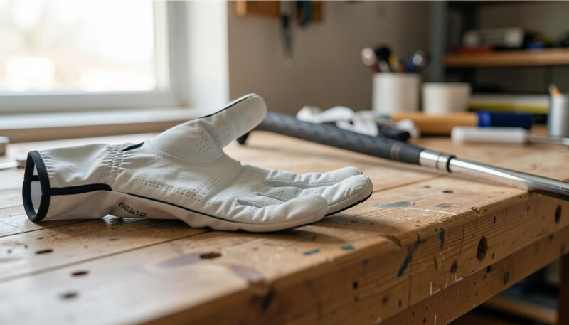A close view of an open glove palm beside the rubber grip of a club resting on a workbench, both lit from one side