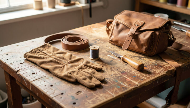 A leather workbench with a glove laid flat beside a coiled belt strap and a bag shoulder strap, an awl and thread spool between them