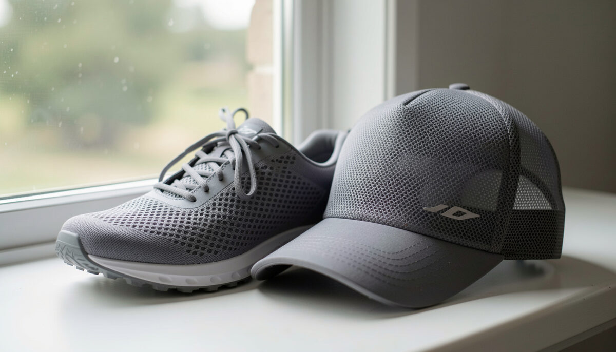 A grey mesh shoe upper held against window light beside a cap with a mesh back panel, the honeycomb weave visible in both