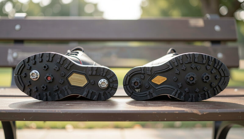 Two golf shoe outsoles facing the camera side by side, one with screw in spikes and one patterned with rubber lugs