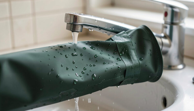 A rain shell sleeve under a running tap with water beading in droplets, the taped inside seam turned out beside it