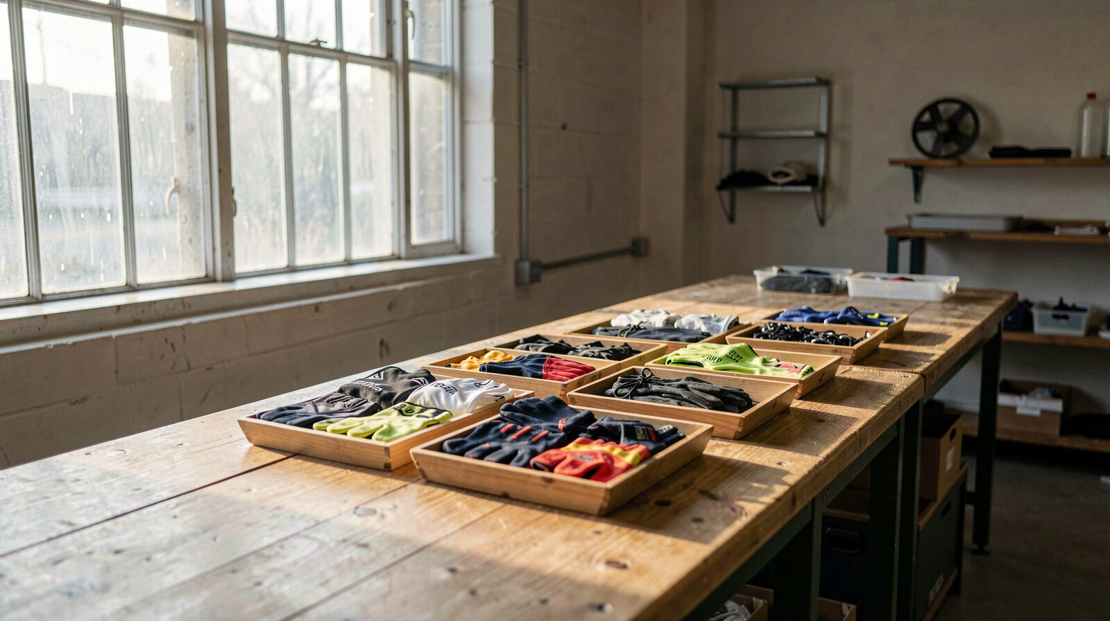 A long wooden counter in an equipment room, fourteen shallow trays of gloves, laces and tees laid out under one tall window