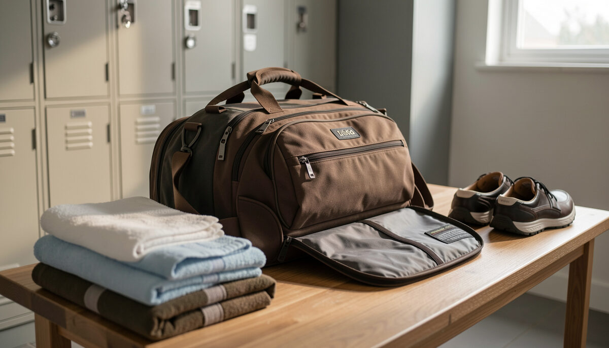 A team travel golf bag lying open on a locker room bench beside a stack of folded towels and a pair of shoes