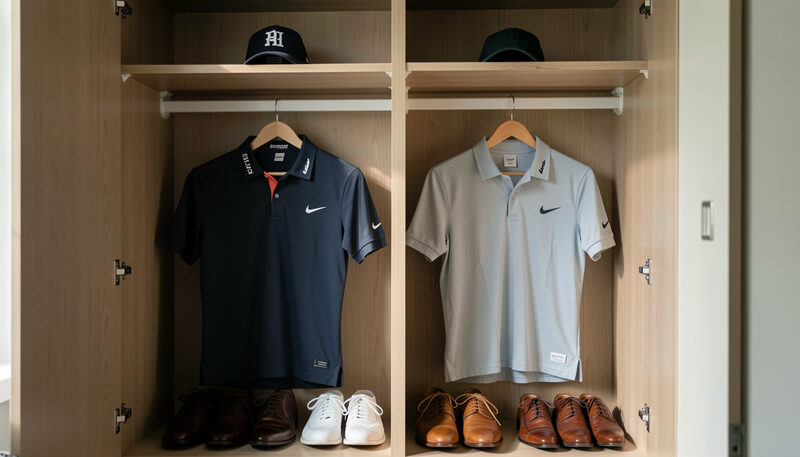 A championship locker with two pressed golf shirts on hangers, a cap on the shelf above and polished shoes on the floor below