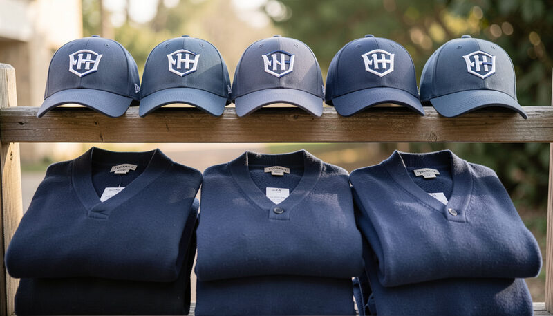 A row of five identical team golf caps hanging on a wooden rail above five folded cardigans in the same colour