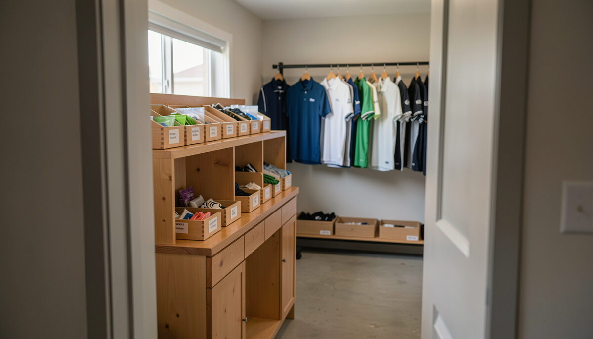 An equipment room seen from the doorway, wooden counters, labelled trays and a rail of golf shirts along the far wall