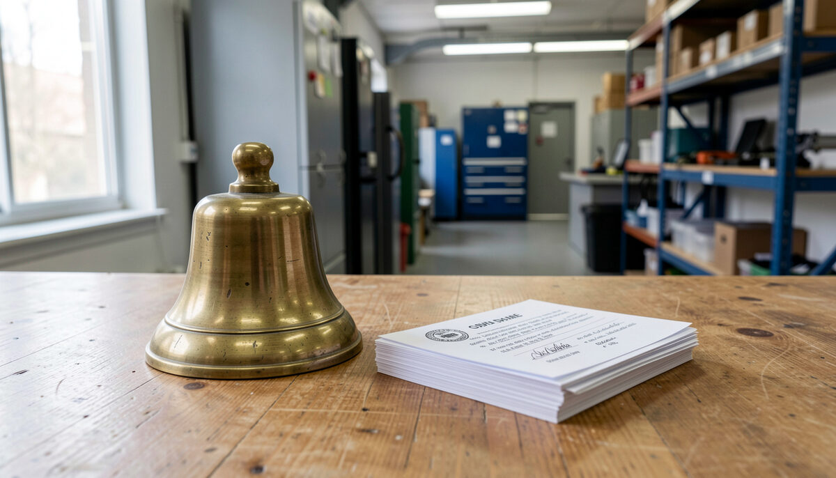 A brass bell and a stack of folded message slips on a wooden counter at the end of an equipment room aisle