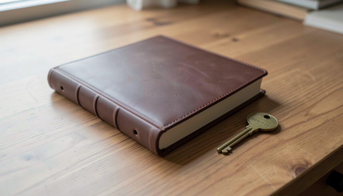 A closed leather bound ledger with a blank spine lying square on a wooden counter beside a small brass key