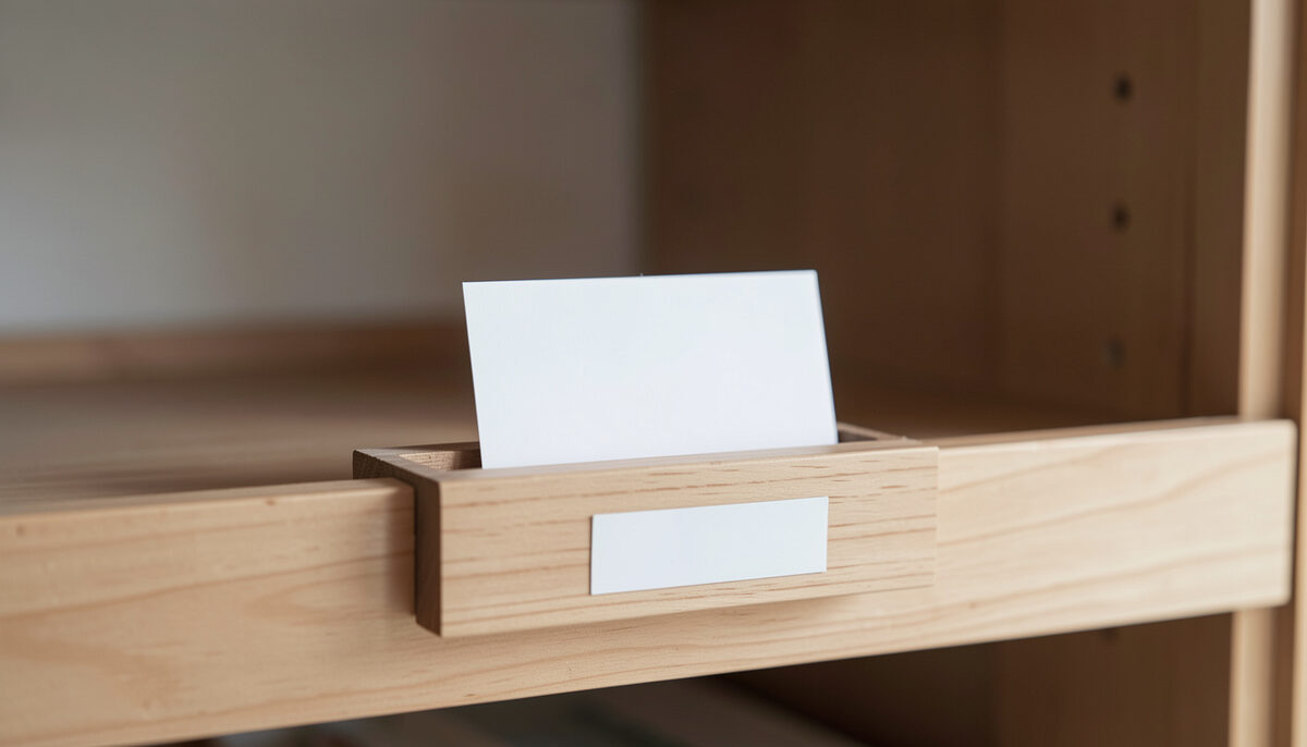 A blank white card slipped into a wooden label holder on the front of a shelf tray, the tray otherwise empty