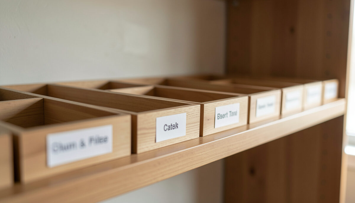 A wooden shelf of labelled trays seen at an angle, each label holder empty and evenly spaced along the shelf edge